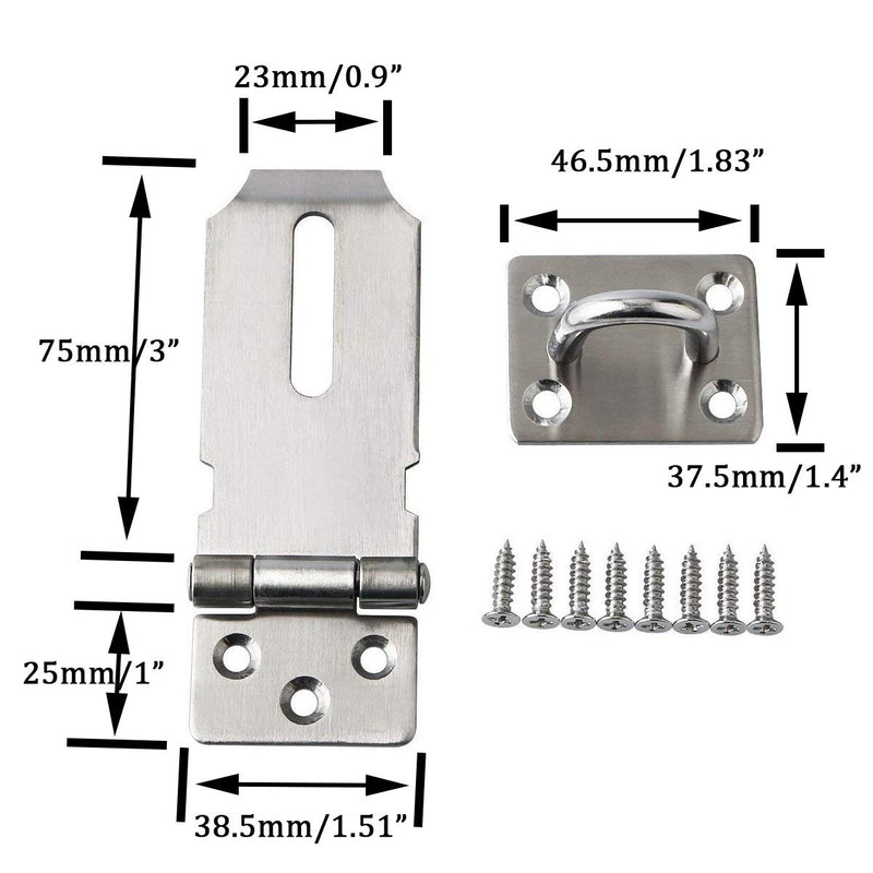 2Pcs Security Padlock Hasp, Safety Door Gate Bolt Lock Latches, Heavy Duty 304 Stainless Steel Brushed Nickel 3” Door Buckle with 16 Mounting Screws 3 inches