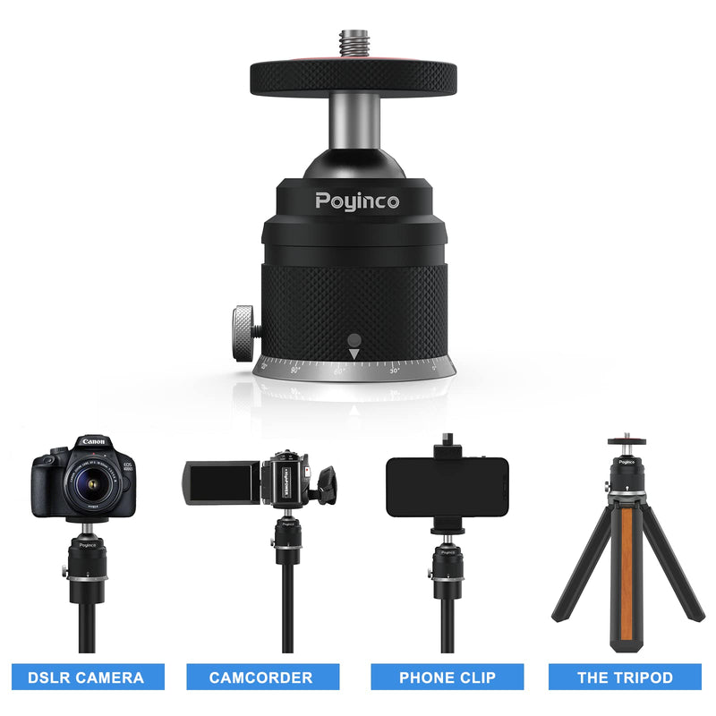 Poyinco Camera Tripod Mini Ball Head with 1/4" Hotshoe Mount Adapter 360 Degree Rotatable Aluminum Tripod Head for Monopod DSLR Cameras Phone Gopro Max Load 6.6lbs/3kg 2 U-shaped slots
