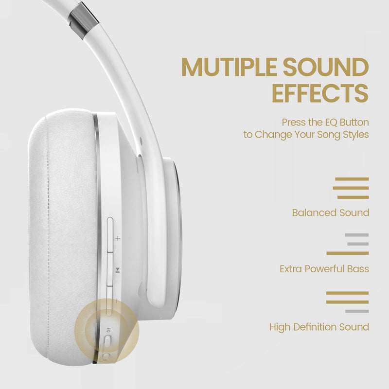DOQAUS Bluetooth Headphones Over Ear, 90 Hours Playtime Wireless Headphones with 3 EQ Modes, Noise Isolating HiFi Stereo Headphones with Deep Bass, Microphone, Soft Earpads for Cellphone/PC (White) White