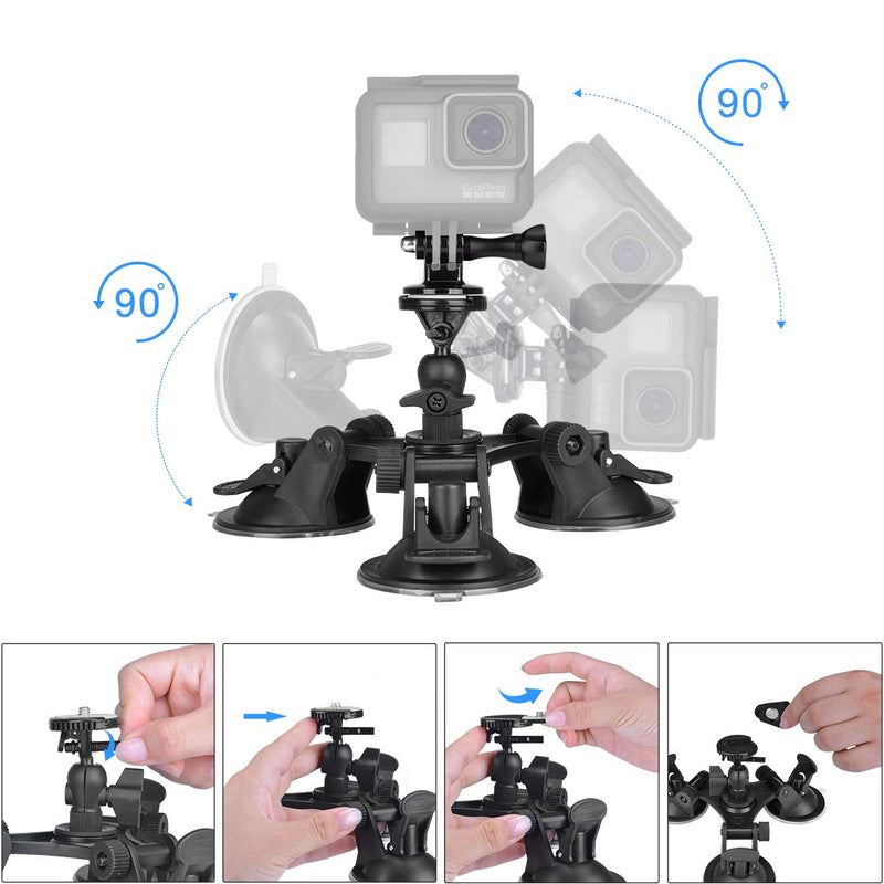 3-Cup Action Camera Suction Cup Mount Motion Camcorder Car Windshield Hood Door Trunk Lid Holder /w Ball Head Compatible with GoPro Sony DJI OSMO Action Akaso Apeman YI Sports DV Cam Vehicle Mounts