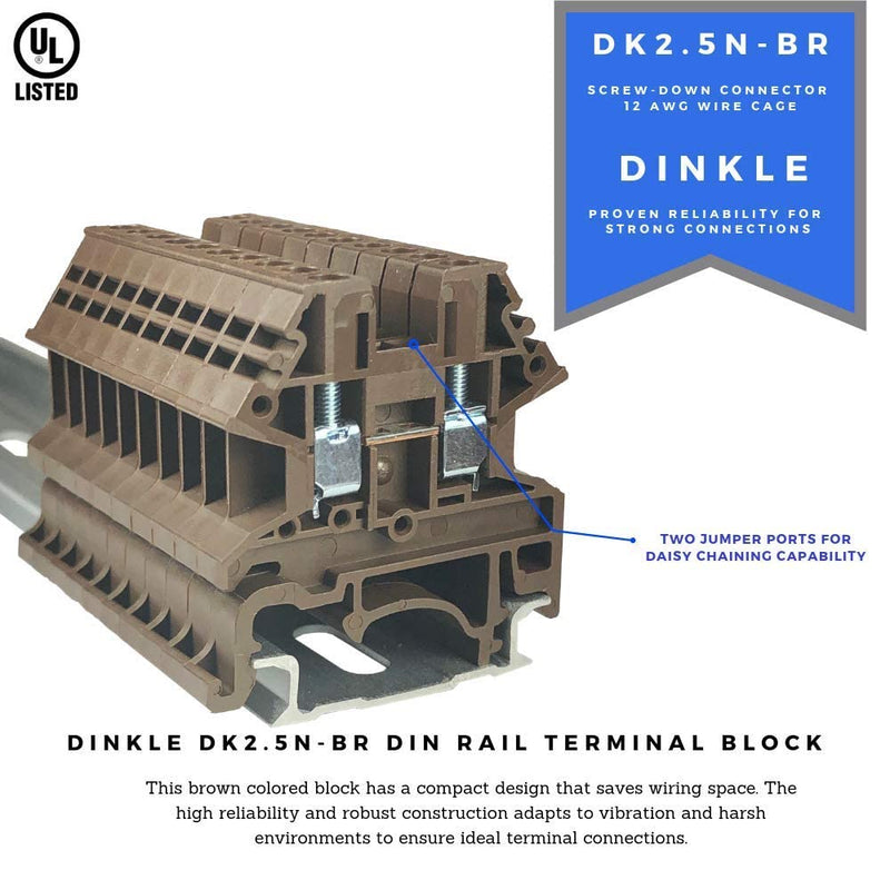 Dinkle Brown DK2.5N-BR DIN Rail Terminal Block Screw Type UL 600V 20A 12-22AWG, Pack of 50