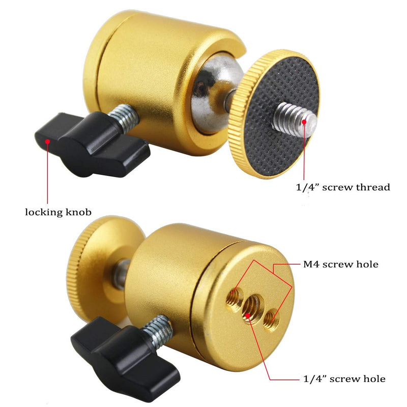 EXMAX Tripod Mini Ball Head with 1/4” Screw for Photography Studio DSLR Camera - 2 Pack Golden