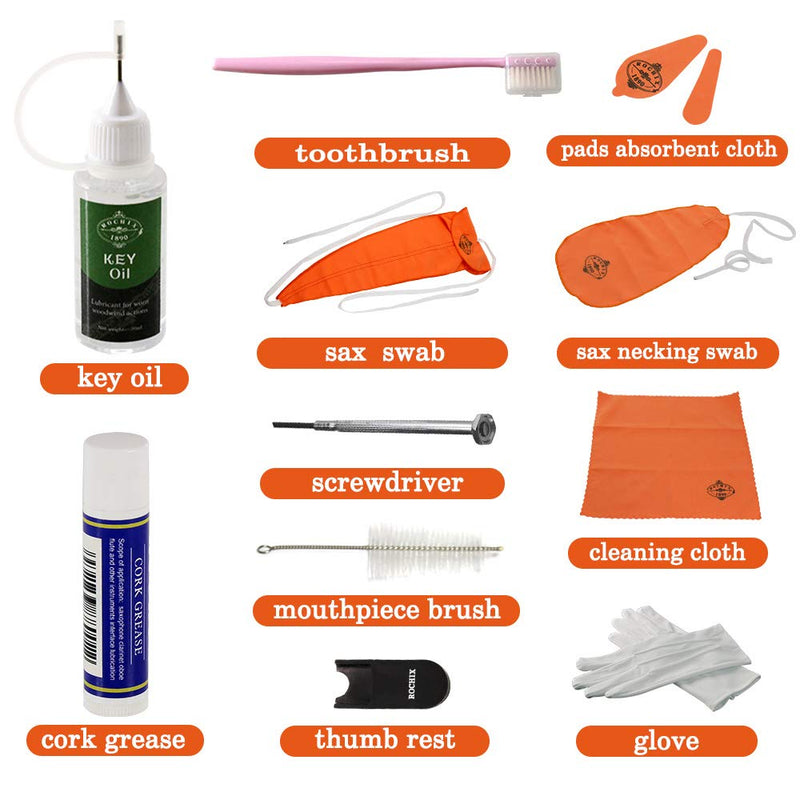 Rochix Saxophone Sax Cleaner Care Cleaning Kit,Maintenance Kit,Orange,Key Oil,Cork Grease,Swab,Cleaning Cloth,Thumb Rest,Mouthpiece Brush and More orange