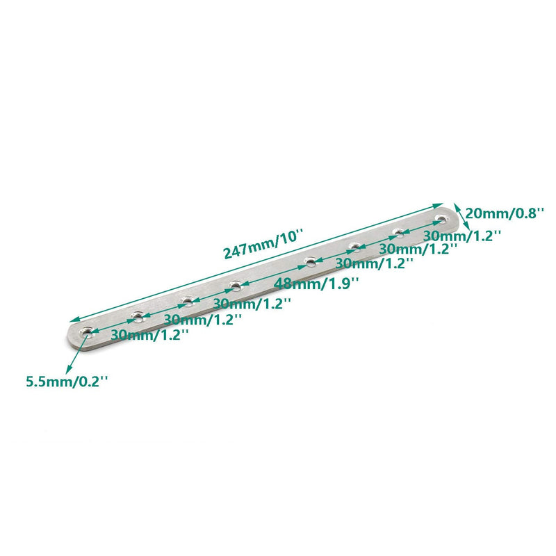 4 Pack Flat Mending Plate for Wood,ULIFESTAR Stainless Steel Straight Brackets 250mm / 10" Length 8 Screw Hole Flat Repair Fixing Wood Brace Joining Plates Connector with Fixing Screws 250x20x3mm/10x0.8x0.1''