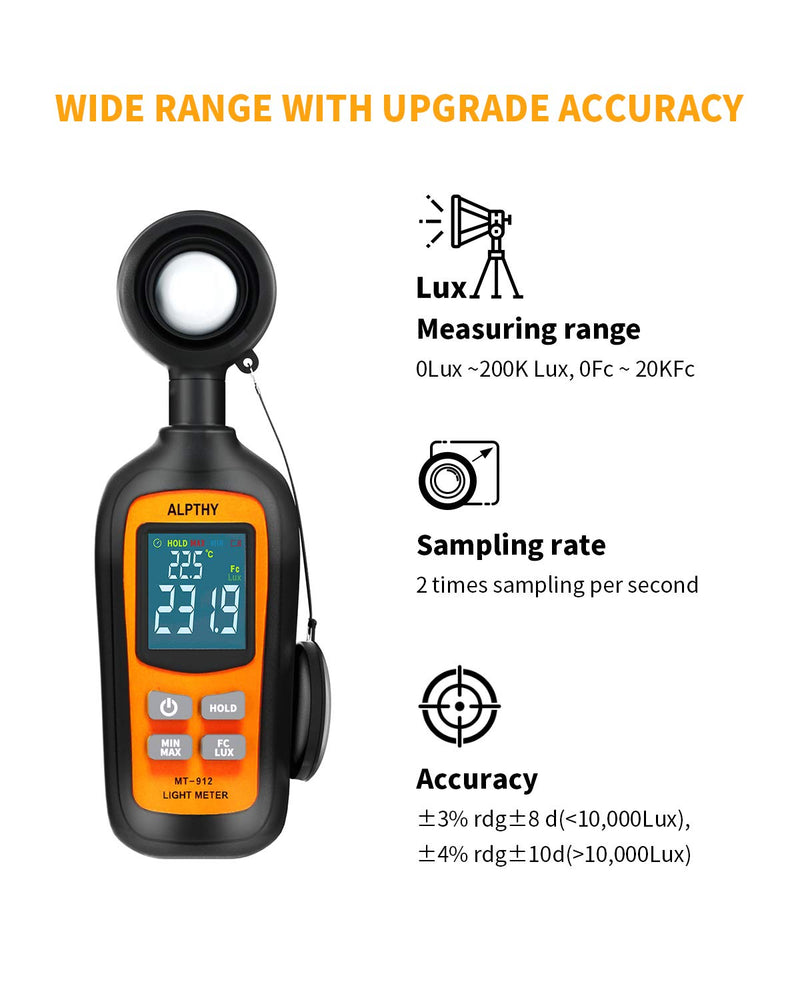 ALPTHY Light Meter Lux Meter Digital Illuminance Light Meter for Plants Handheld Ambient Temperature Measurer with Range up to 200,000 Lux,Color Back Light,MAX/MIN,Data Hold,Low Battery Indication
