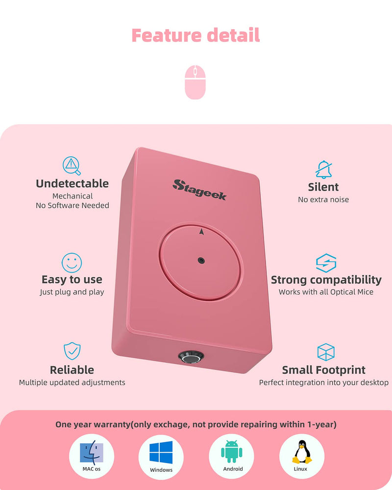 Stageek Mouse Jiggler, Mechanical 100% Undetectable by IT, Mouse Mover with On/Off Switch, Simulates Mouse Movement and Prevents Computer from Going into Sleep, No Software Needed, Plug &Play, Pink