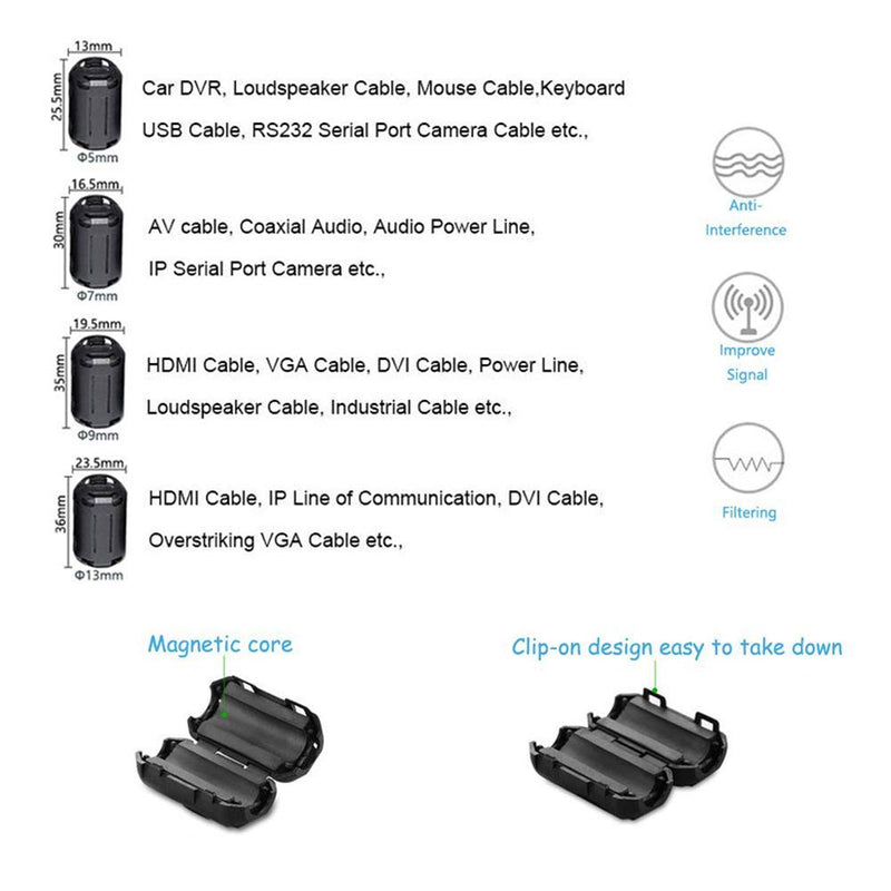 XShine Pack of 20 Clip-on Ferrite Ring Core Black RFI EMI Noise Suppressor Cable Clip for 5mm/7mm/9mm/13mm Diameter Cable