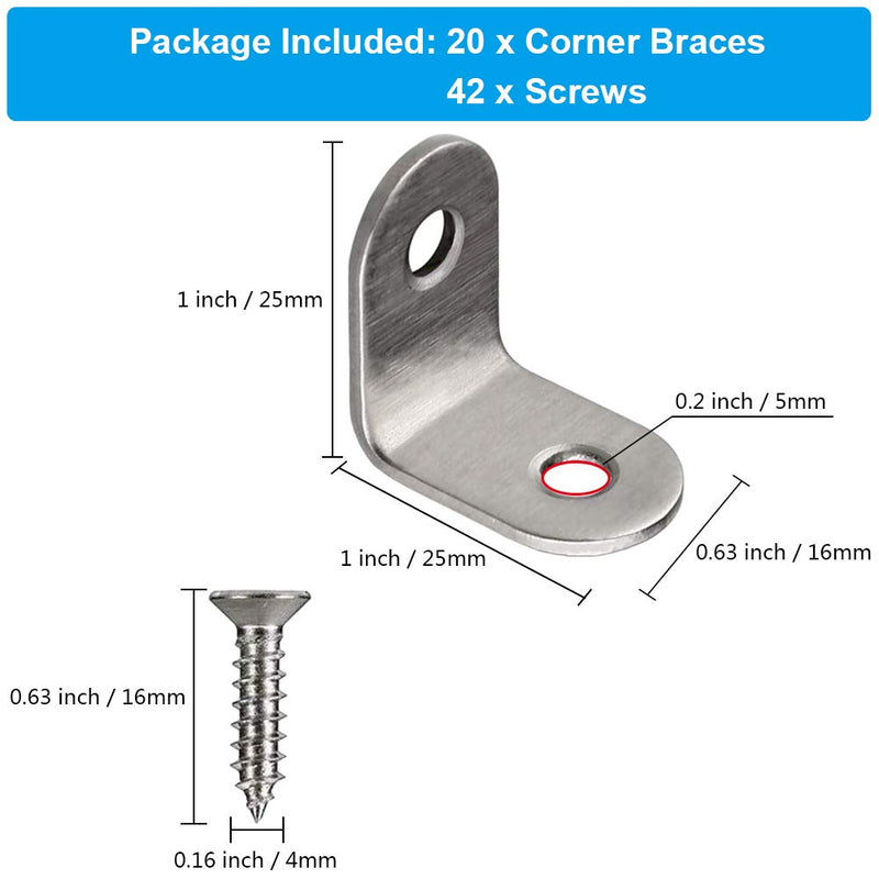 YEWLACA 20 PCS Corner Braces 25mm x 25mm Stainless Steel 90 Degree Joints Right Angle Bracket L Shaped Corner Brackets Fastener for Wood Furniture, Screws Included 25 mm x 25 mm