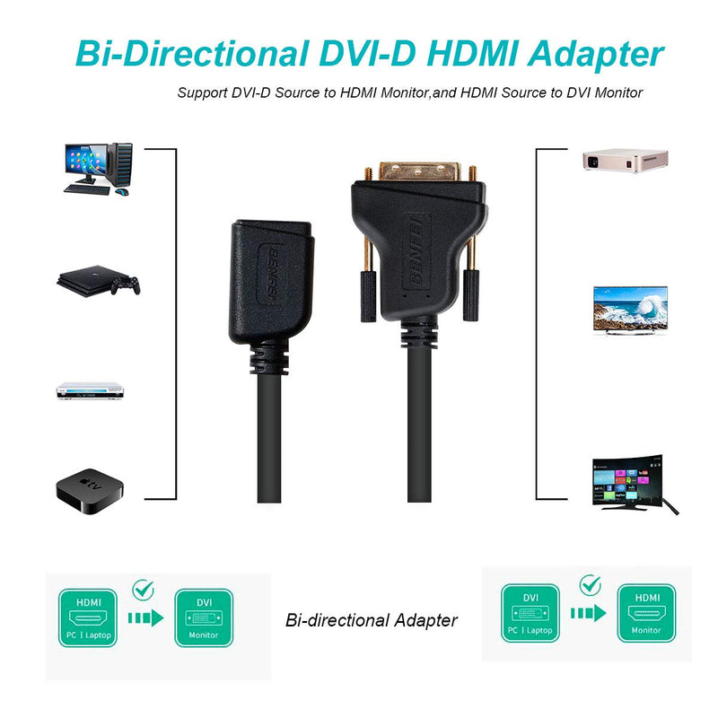 [AUSTRALIA] - BENFEI DVI to HDMI, Bidirectional DVI (DVI-D) to HDMI Male to Female Adapter with Gold-Plated Cord 1 PACK Cable DVI M to HDMI F 