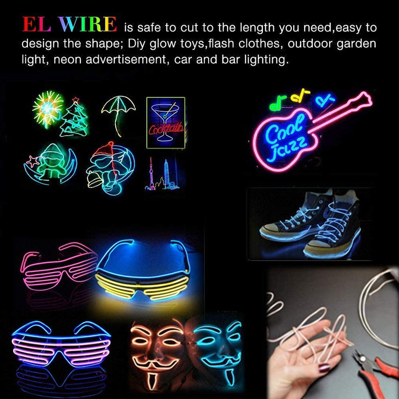 EL Wire White, Sounds Control /Constant Light/Flash 9ft Neon Lights Neon Wire Neon Glowing Strobing Electroluminescent Wire with Battery Operated for Parties, Halloween, DIY Decoration