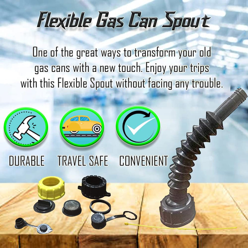 Retail Pack Flexible Replacement Gas Spout with 2 Screw Collar Caps(1 Fine & 1 Coarse - Fits Most Of The Cans), 2 Base Caps, 1 Stopper Cap and 1 Stainless Steel Filter/Flame Arrestor.