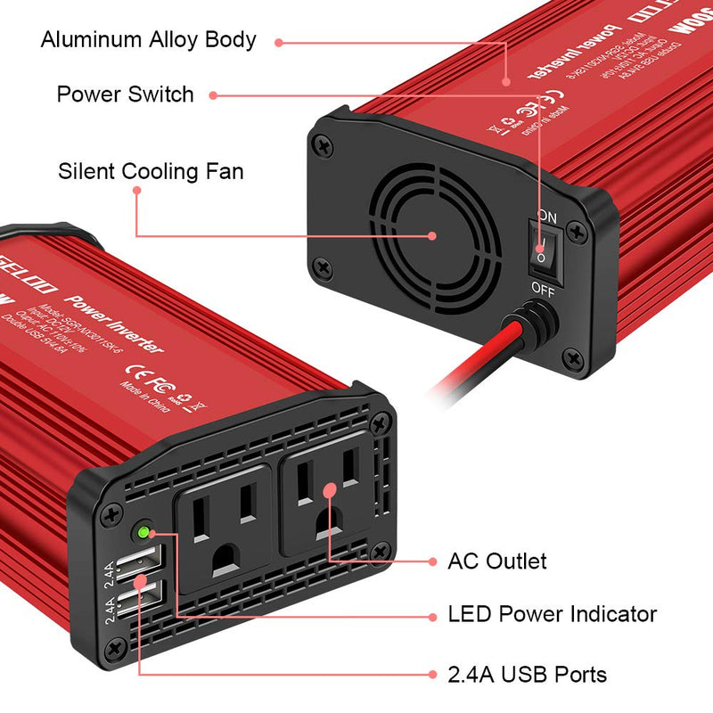 Upgraded 300W Power Inverter, DC 12V to 110V AC Car Power Converter with 4.8A Dual USB Ports Car Charger Adapter (Red) Red