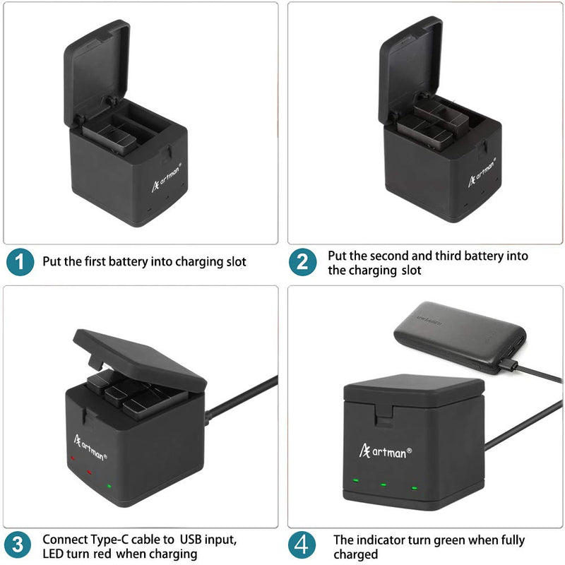 Artman Hero 8 Batteries 1500mAh（3xPack） and 3-Channel LED USB Storage Charger Compatible with Gopro Hero 8 Black,Hero 7 Black,Hero 6/5 Black(Fully Compatible with Original)