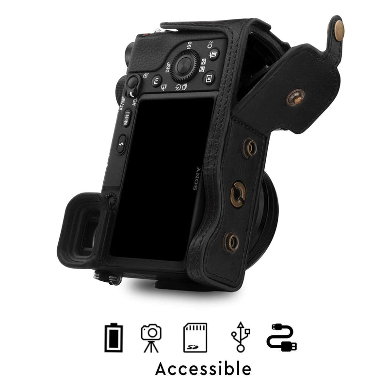 MegaGear Ever Ready Leather Camera Case Compatible with Sony Alpha A6100, A6400 (16-50mm) Black