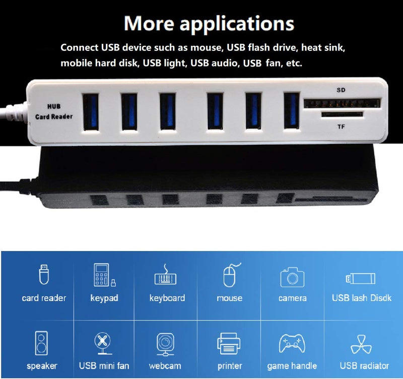 Cotchear Multi USB Hub USB 2.0 Splitter High Speed 6 Ports Hab TF SD Card Reader All in One for PC Computer Accessories (White) White