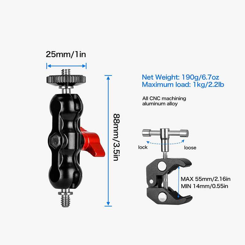Multi-Function Camera Mount Clamp with 360° Ballhead Arm,Magic Arm Mount Bracket for DSLR Camera/Field Monitor/LED Ball Arm-Red