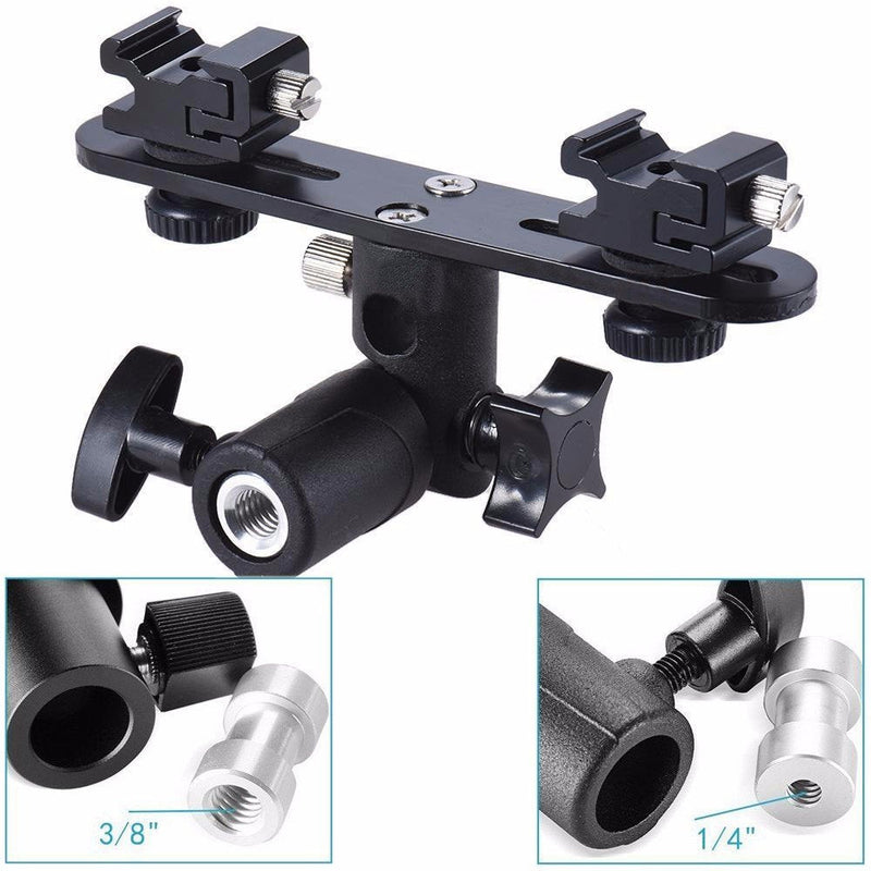 EXMAX E2 Adjustable Double Flash Bracket Dual Hot Shoe Speedlight Stand Umbrella Holder Light Stand Bracket Mount 1/4" to 3/8'' for Studio Video DSLR Camera