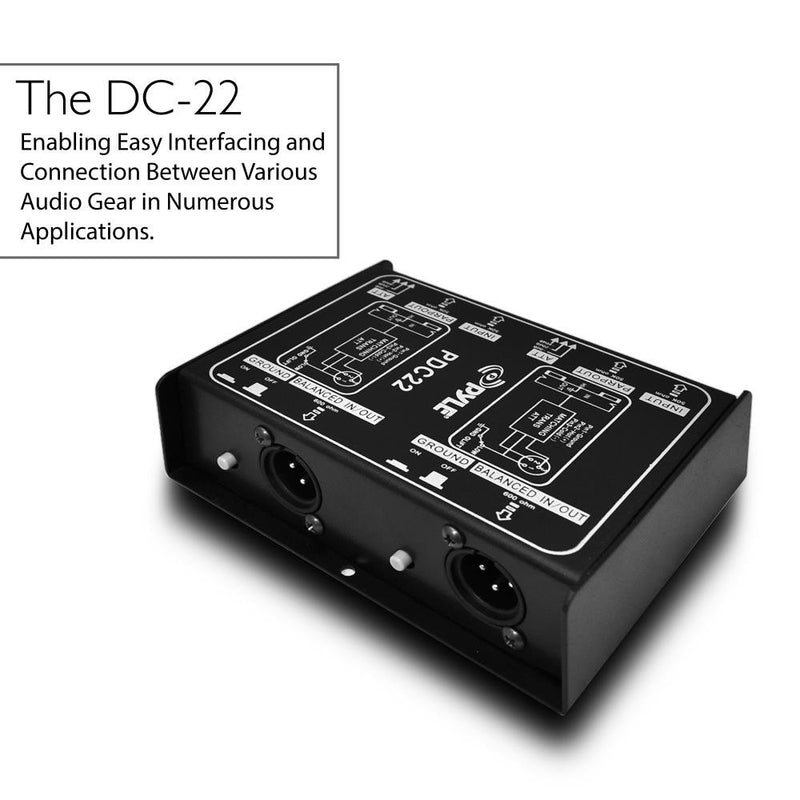 Premium Direct Injection Audio Box - Passive DI Unit Hum Eliminator w/ Input Attenuator to Connect Guitar & Bass - 1/4 Inch Impedance Transformer Connector to Balanced & Unbalanced XLR - Pyle PDC22