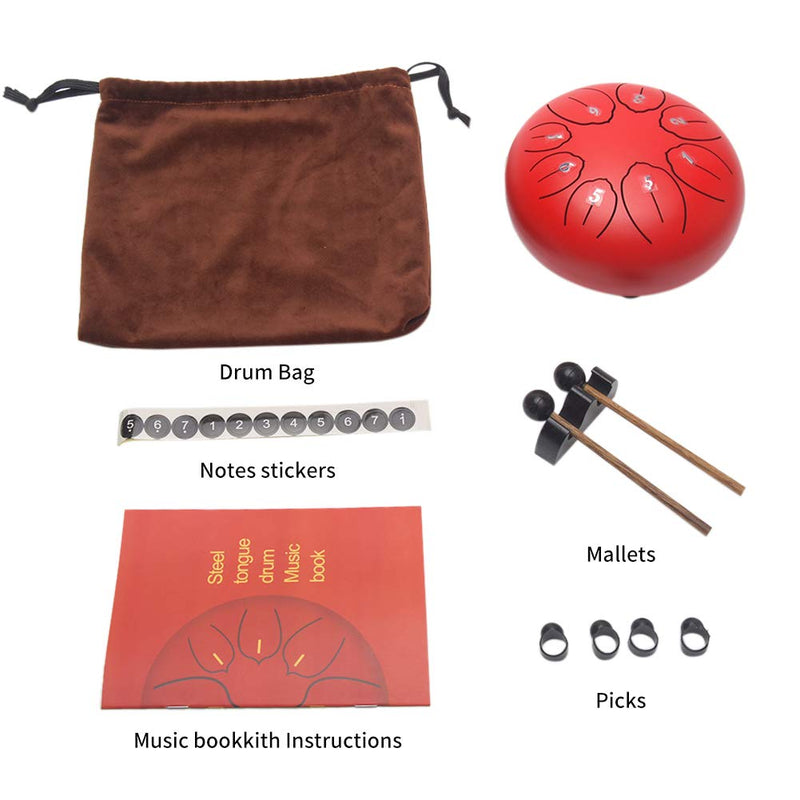 PUXING 6 Inch Steel Tongue Drum, Portable 8 Tune Lotus Hand Pan Drum Kit with Drum Carry Bag, 1 Pair Drumstick, 1pc x Sticker, 4pcs x Finger Loops type - 1(with manual book) Blue