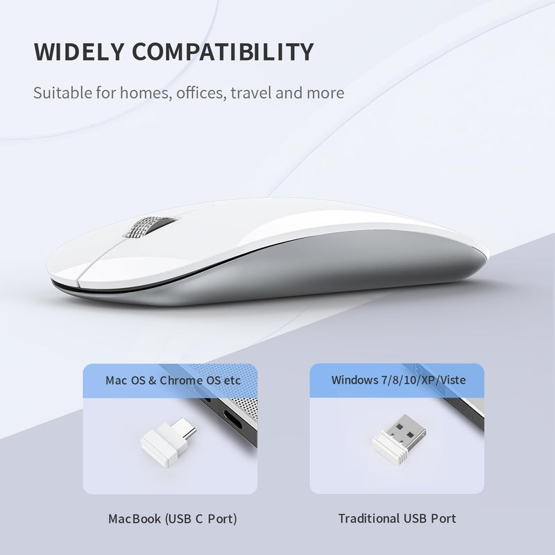 Uiosmuph Wireless Mouse, USB C Rechargeable Computer Mouse, Slim Silent Mice 2.4GHz Optical with USB Nano Receiver and Type C Receiver for Laptop/Mac/PC White