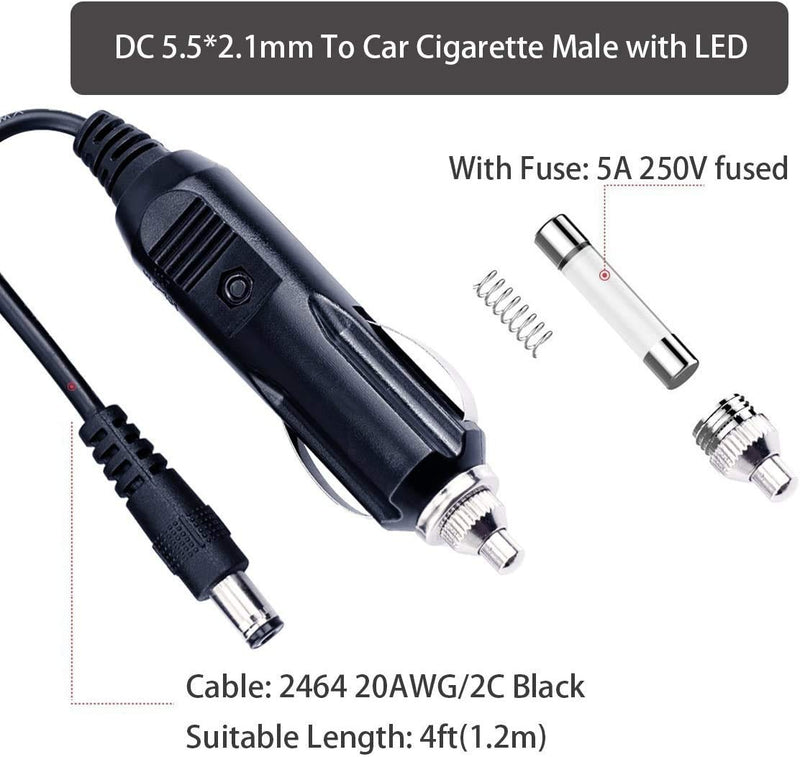 SPARKING DC 5.5 x 2.1mm Car Charger Power Supply Cord - 12v -24v 4FT Cigarette Lighter Male Plug to DC Connector 5.5 x 2.1mm Cable