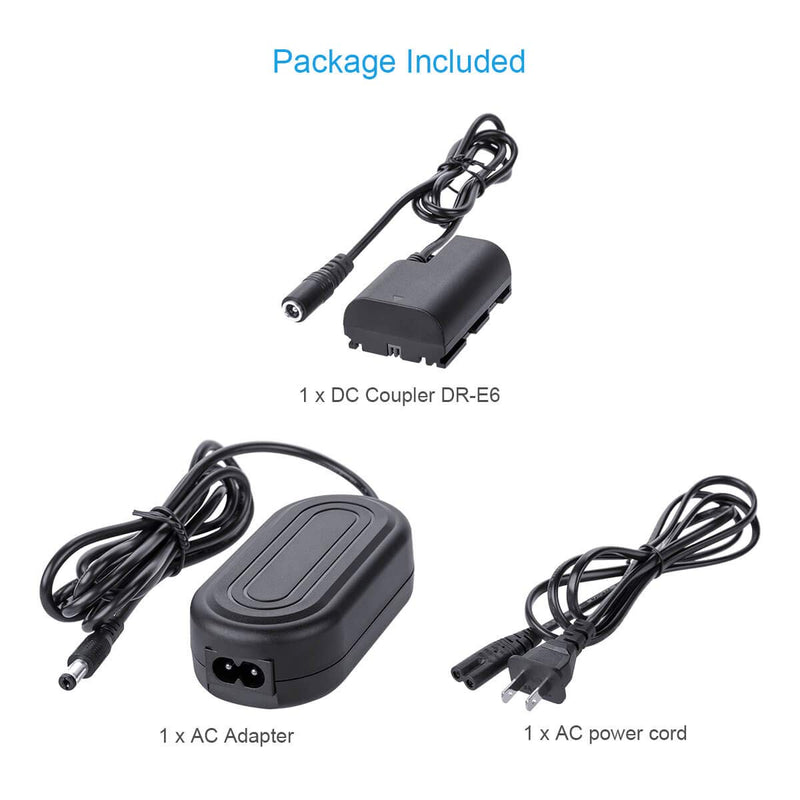 Fomito ACK-E6 AC Power Adapter with DR-E6 DC Coupler LPE6 Dummy Battery Kit for Canon EOS 5D2 5D3 5D4 5DSR 6D 6D2 60D 7D 7D2 70D 80D 90D EOSR 5D Mark II III IV Digital Cameras