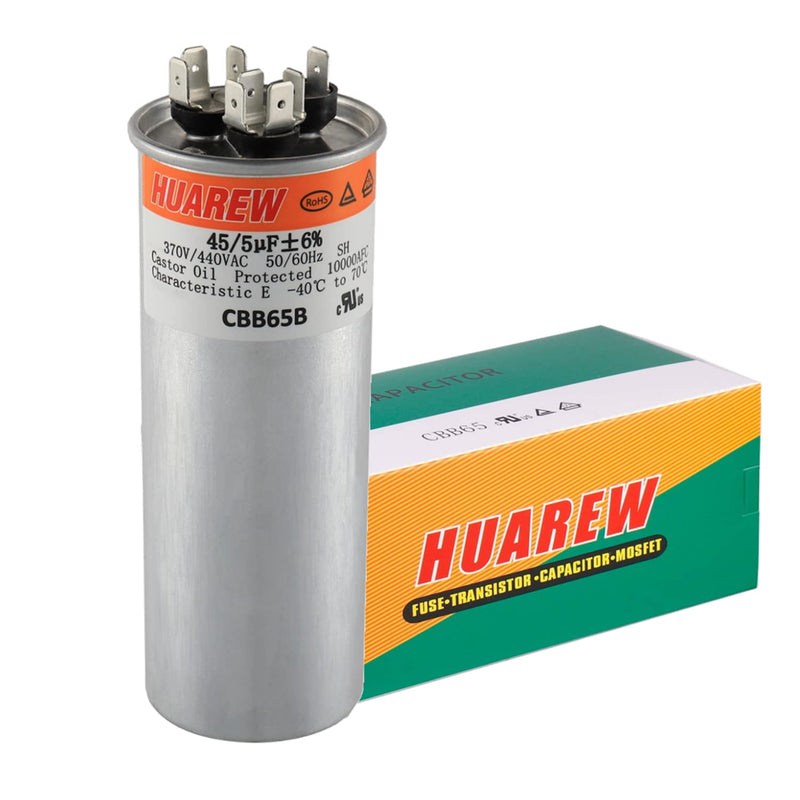 HUAREW 45 5 Capacitor 45+5 uF MFD 370/440 VAC CBB65 Dual Run Start Round Capacitor for Condenser Straight Cool or Heat Pump Air Conditioner or AC Motor and Fan Starting