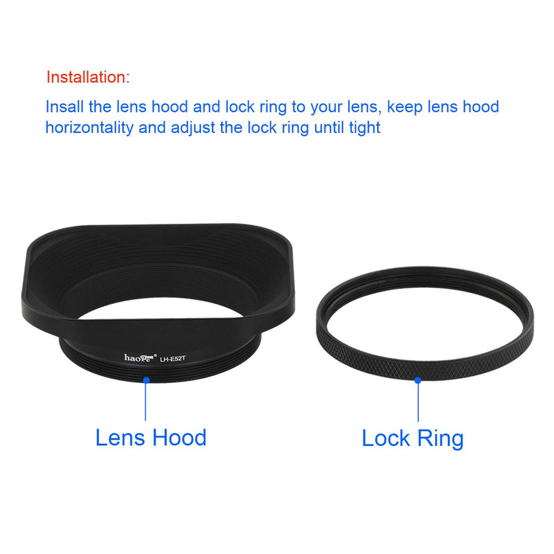 Haoge LH-E52T 52mm Square Metal Screw-in Lens Hood with Cap for 52mm Canon Nikon Sony Leica Voigtlander Nikkor Panasonic Pentax Contax Olympus Lens and Other Lens with 52mm Filter Thread