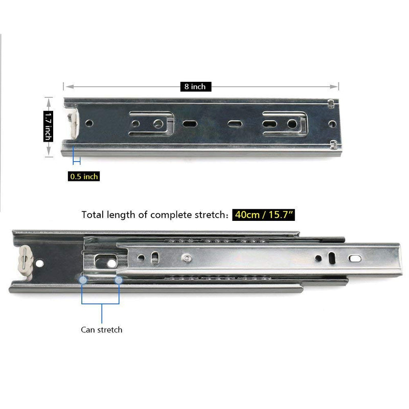 Drawer Slides 8 Inch Ball Bearing Full Extension 3 Section Slide Track Mounting Drawer Runners Slider for Cabinet Home Furniture, 2 Pack (Silver 8 Inch) Silver 8 Inch