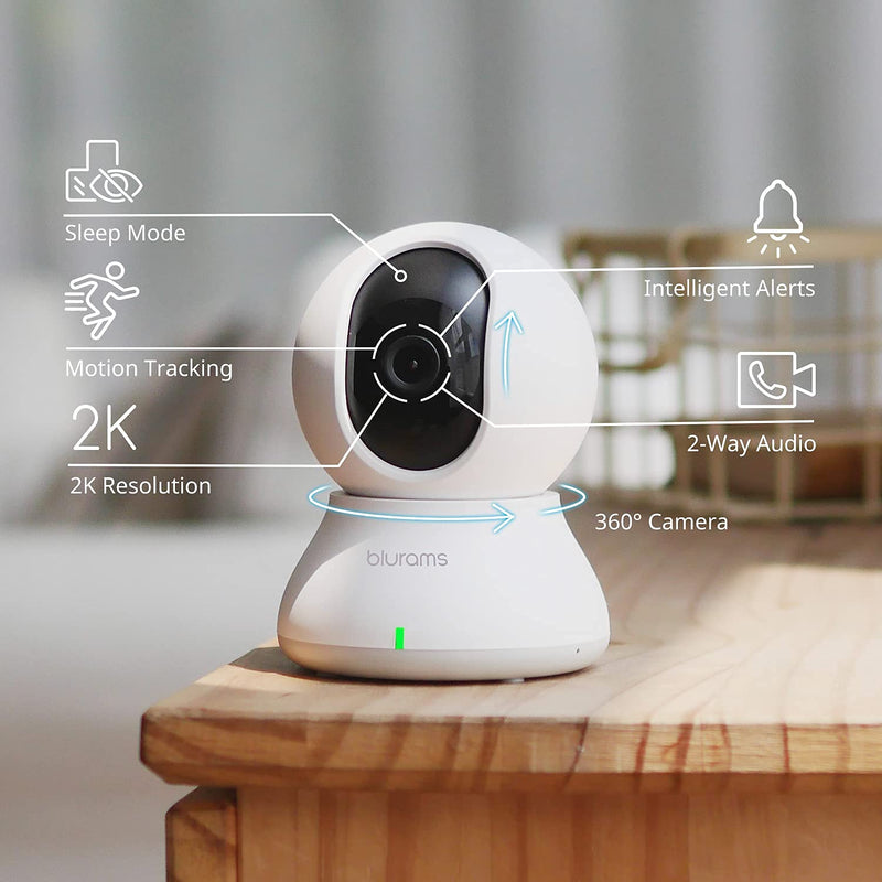 Security Camera 2K, blurams Baby Monitor Dog Camera 360-degree for Home Security w/ Smart Motion Tracking, Phone App, IR Night Vision, Siren, Works with Alexa & Google Assistant & IFTTT, 2-Way Audio 1 White