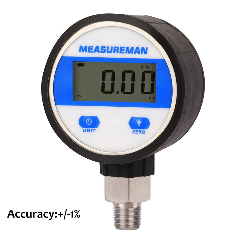 [AUSTRALIA] - MEASUREMAN 2-1/2" dial, Digital Industrial Vacuum Gauge with 1/4"NPT Lower Mount, Stainless Steel case and Connection, 15psi, 1%,Battery Powered, with LED Light 2-1/2" Dial, -15psi vacuum 1% 