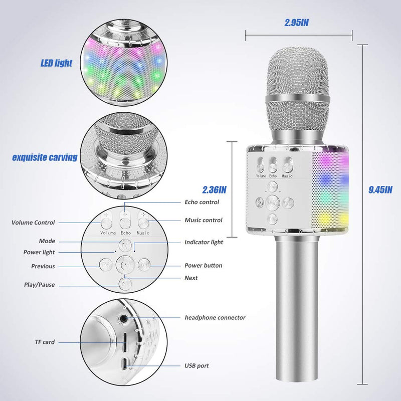 Ankuka Karaoke Wireless Microphones Speaker, 4 in 1 Handheld Bluetooth Microphone Home KTV Player with Portable Case, Superior Audio Quality for Singing Recording, Compatible with Android/iOS, Silver