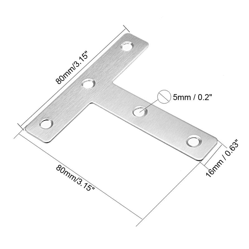 uxcell Flat T Shape Repair Mending Plate, 80mmx80mm, Stainless Steel Joining Bracket Support Brace, Pack of 30