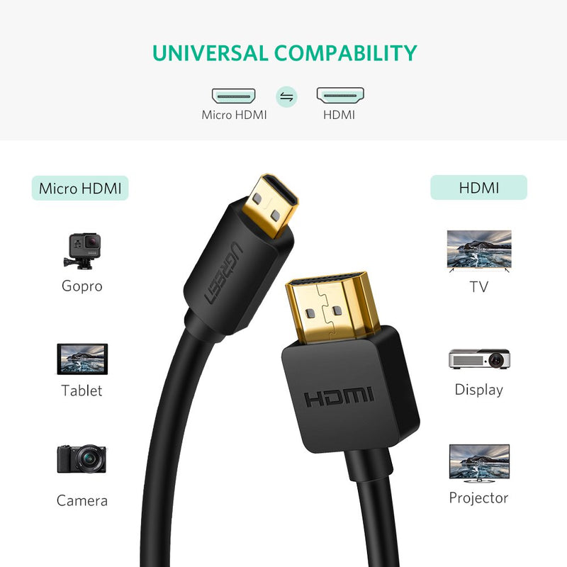 [AUSTRALIA] - UGREEN Micro HDMI to HDMI Cable Adapter 1080P Ethernet Audio Return Compatible for GoPro Hero 7 Black Hero 5 6 Raspberry Pi 4 Sony A6000 A6300 Camera Nikon B500 Yoga 3 Pro Yoga 710 10FT 