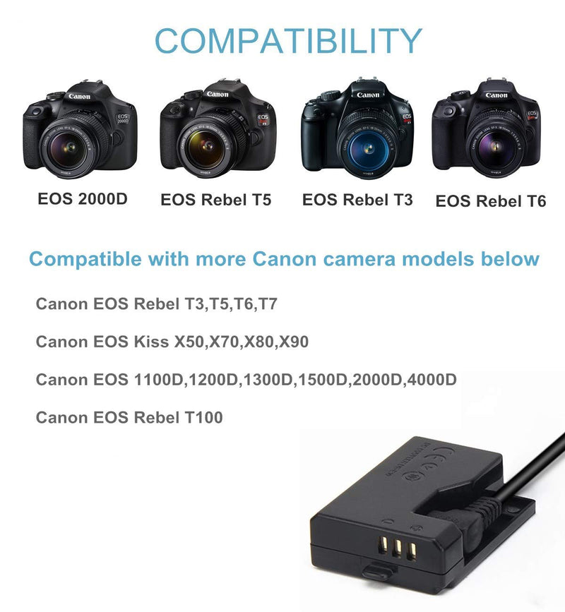 Kimaru ACK-E10 DR-E10 DC Coupler LP-E10 Dummy Battery AC Power Adapter Kit for Canon EOS Rebel T3 T5 T6 T7 T100,Kiss X50 X70 X80 X90,EOS 1100D 1200D 1300D 1500D Cameras.