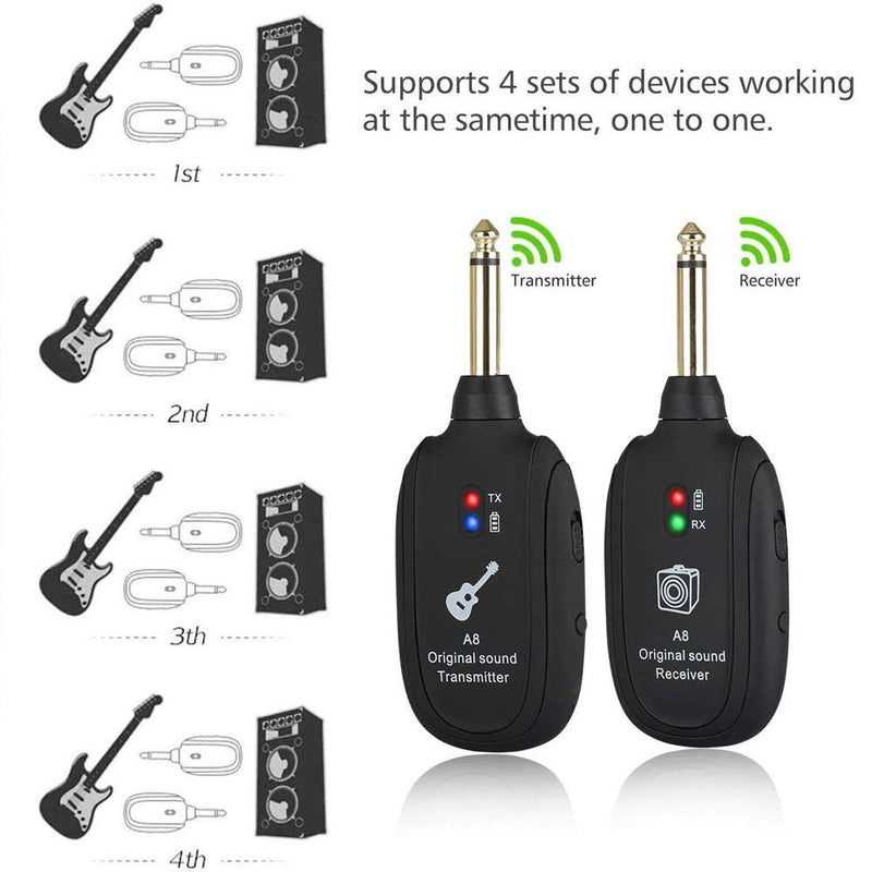 Wireless Guitar System, 20Hz-20kHz Wireless Guitar Transmitter Receiver, Built-in Rechargeable Lithium Battery，Used For Electric Guitar Bass Violin Black