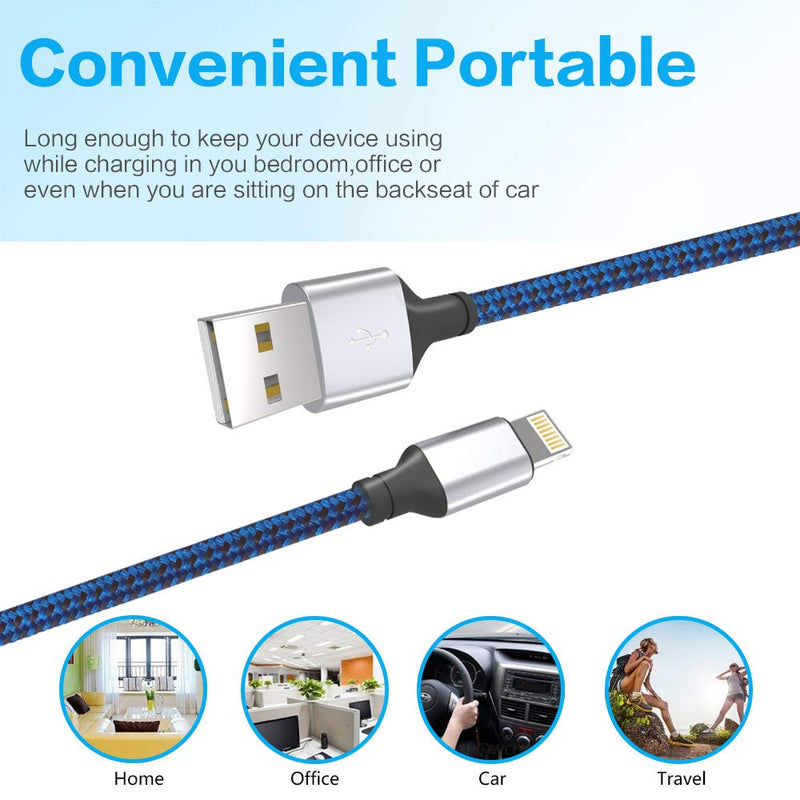 [Apple MFi Certified] iPhone Charger, 2 Pack 6 FeeT Extra Long Nylon Braided USB A to Lightning Cable Fast Charging & Syncing Cord Compatible with iPhone 12/Max/11Pro/11/XS/Max/XR/X/8/8P/7 - Blue