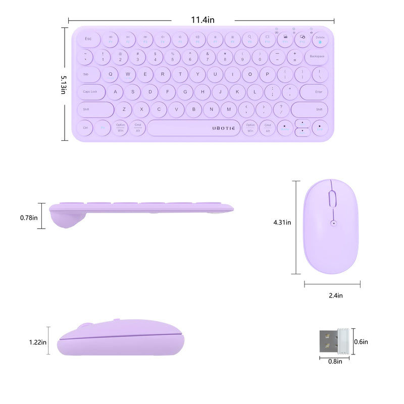 Mini Computer Wireless Keyboard and Mouse Combo, UBOTIE Colorful Compact Silent Linear Switch Round Keycaps TKL Keyboards with Optical Mouse for Travel Business(Purple) Purple