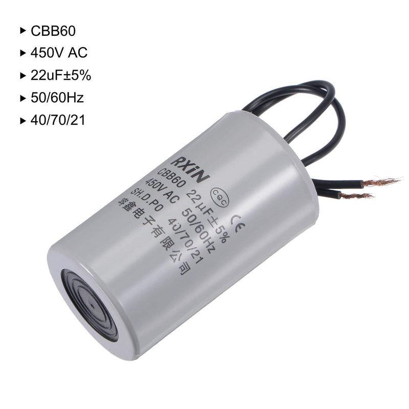uxcell CBB60 Run Capacitor 22uF 450V AC 2 Wires 50/60Hz Cylinder 72x42mm for Air Compressor Water Pump Motor