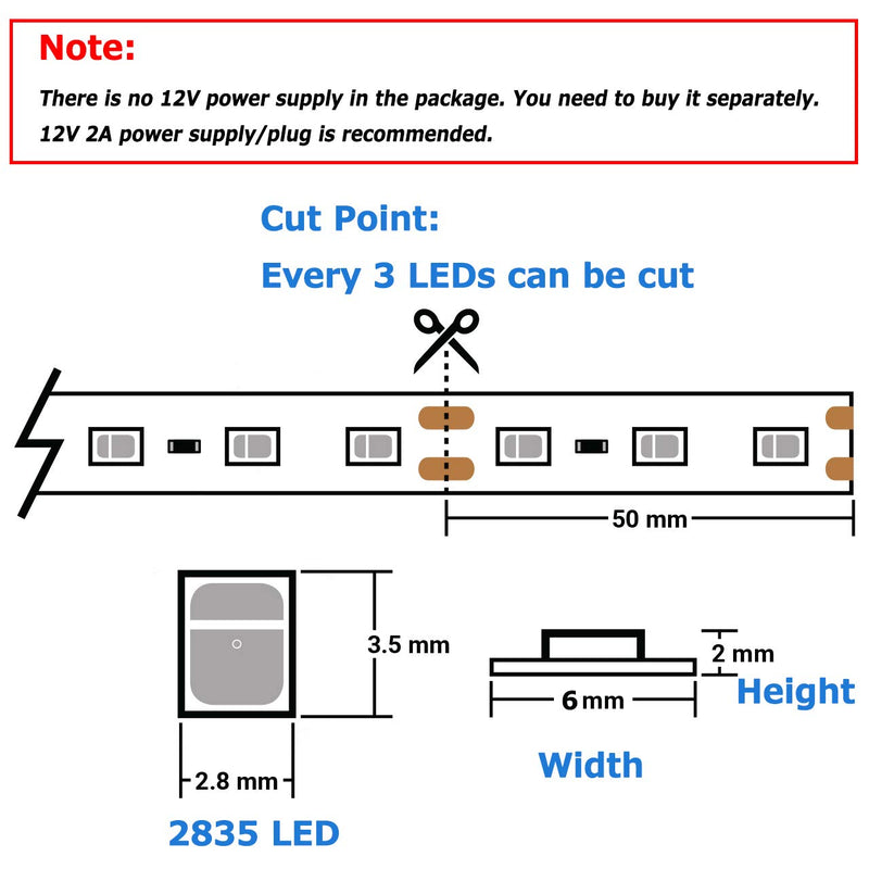 Water-Resistance IP65, 12V Waterproof Flexible LED Strip Light, 16.4ft/5m Cuttable LED Light Strips, 300 Units 2835 LEDs Lighting String, LED Tape (Blue, No Power Adapter/Plug) Blue