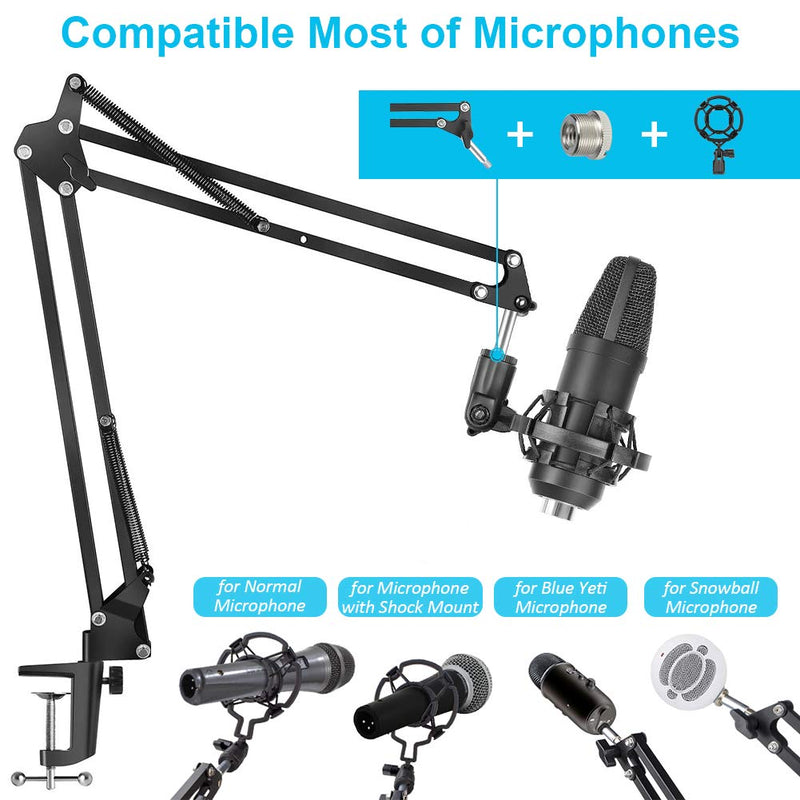 Adjustable Microphone Stand Mic Suspension Boom, Compact Desk Mic Stand Suspension Arm Stand with Shock Mount Table Mounting Clamp Screw Adapter for Blue Yeti Snowball Studio Stages-Duomishu