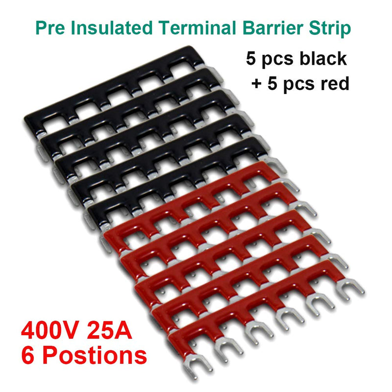 MILAPEAK Terminal Block and Strip - 5pcs 6 Positions 600V 25A Dual Row Screw Terminal Strip with Cover + 10pcs 400V 25A 6 Positions Pre-Insulated Terminal Barrier Jumper Strips Black & Red 25A 6P+10pcs Jumpers