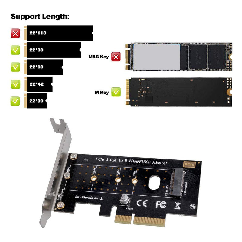 NVMe PCIe Adapter, M Key M.2 NVME SSD to PCI-e 3.0 x4 Host Controller Expansion Card with Low Profile Bracket, PCIe NVME Adapter for PC Desktop Support 2230 2242 2260 2280 single