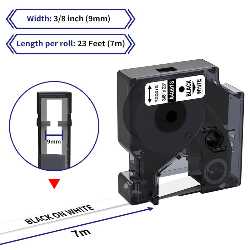 6-Pack Compatible Dymo 41913 (40913) 3/8 Inch D1 Label Tape Black on White 9mm Refills S0720680 for DYMO LabelManager 160 280 360D Label Maker COLORPOP, 23Ft 3/8"-black on White