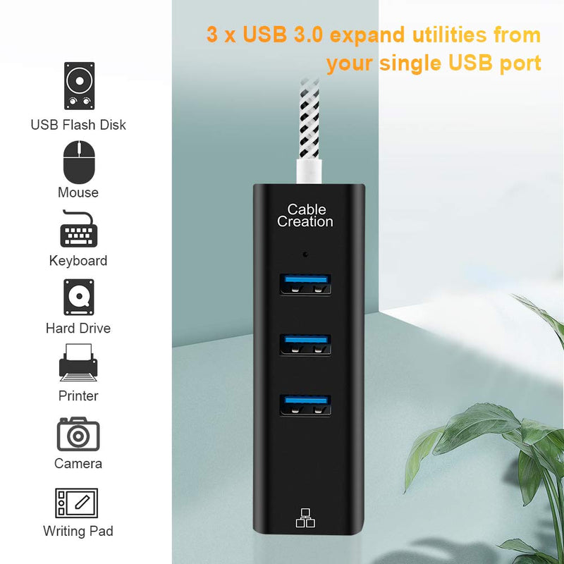 CableCreation 3-Port USB 3.0 Hub with Ethernet Adapter 10/100/1000 Mbps Gigabit Compatible Windows PC, Laptop, MacBook Pro,USB Flash Drives etc, Aluminum Black 3 USB 3.0 Port+1 Ethernet Port