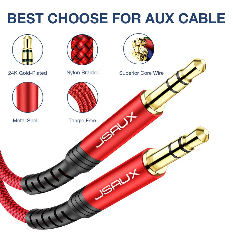 JSAUX AUX Cable, [4ft/2Pack- Copper Shell, Hi-Fi Sound] 3.5mm TRS Auxiliary Audio Cable Nylon Braided Aux Cord Compatible for Car/Home Stereos,Speaker,Headphones,Sony,Echo Dot,Beats - Red 2m