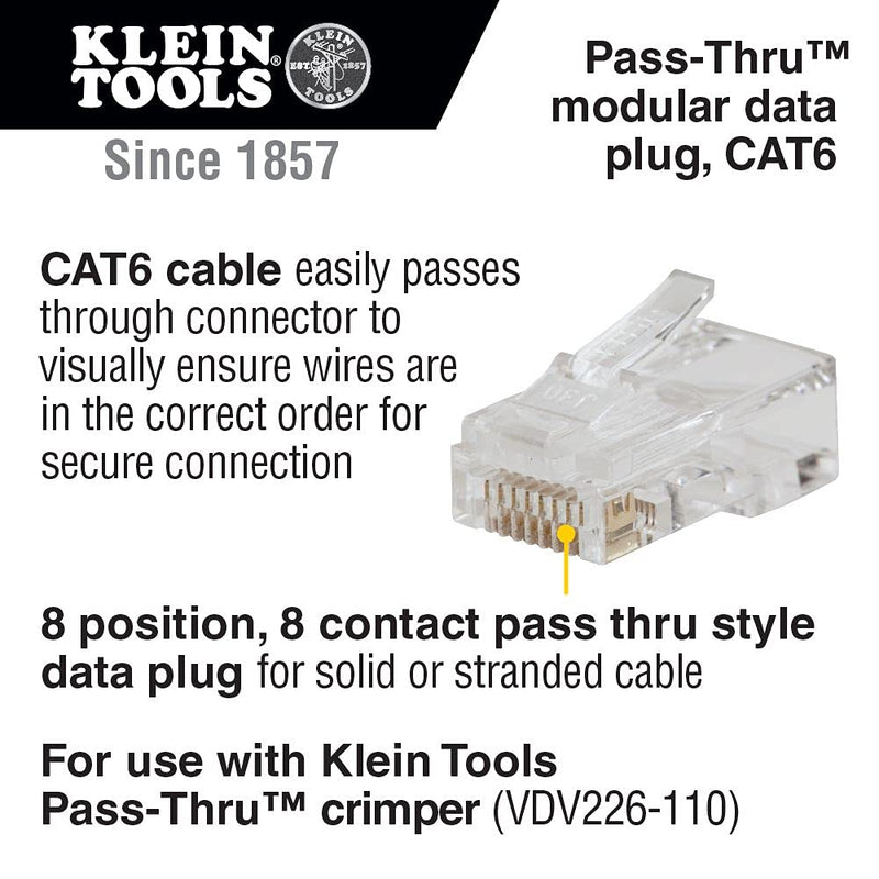 Klein Tools VDV826-703 Pass-Thru Modular Data Plug, RJ45 CAT6, Pass Through Connectors 50-Pack Quantity 50
