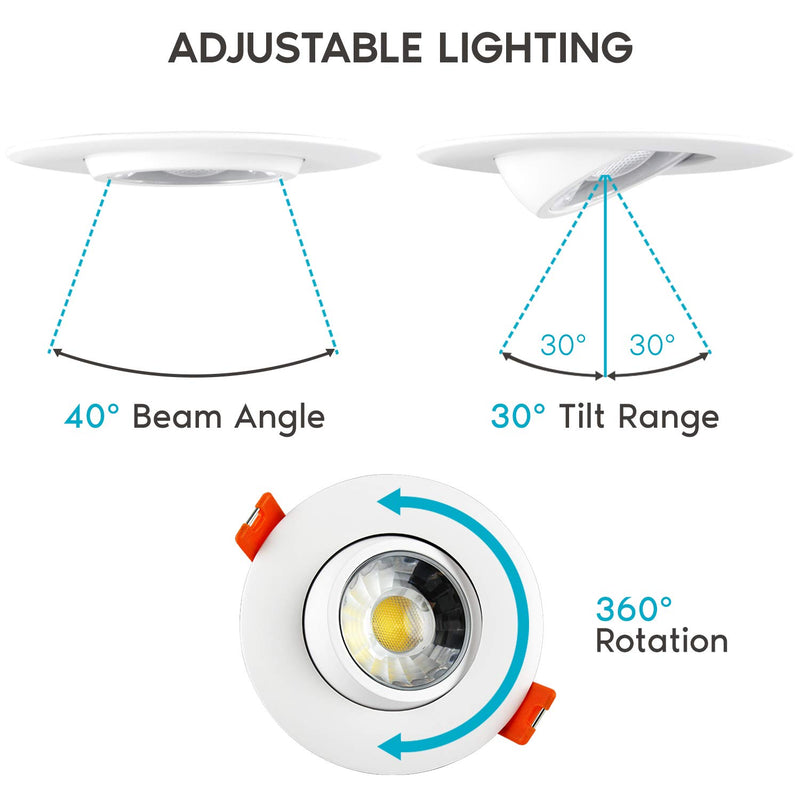 Luxrite 3 Inch Adjustable LED Gimbal Recessed Lighting with Junction Box, 3 Color Selectable 3000K | 4000K | 5000K, 8W=50W, 600 Lumens, Dimmable Canless LED Downlight, IC Rated, Damp Rated