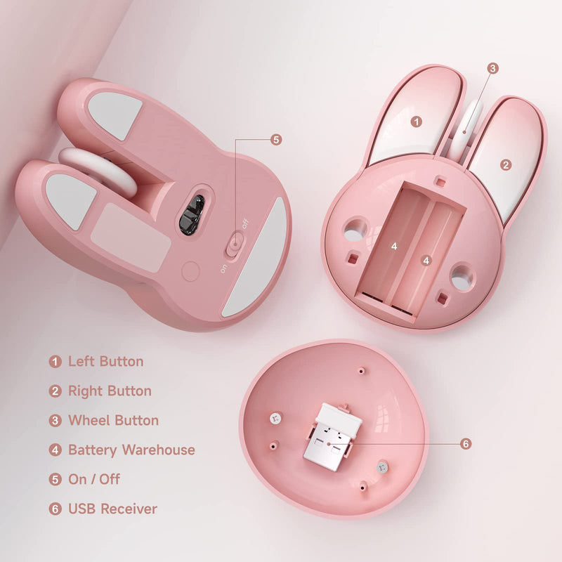 Wireless Silent Mouse, Cute Rabbit Designs, 2.4 GHz with USB Mini Receiver, Opatical Mouse Wireless for Laptop, PC, Computer, Chromebook, Notebook Pink