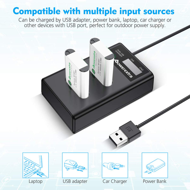 Powerextra 2 Pack Replacement Sony NP-BX1 Battery with Smart LCD Display Dual USB Charger for Sony NP-BX1/M8 and Sony Cyber-Shot DSC-RX100 (II/III/IV/V/VA/VI), ZV-1 and Other Models